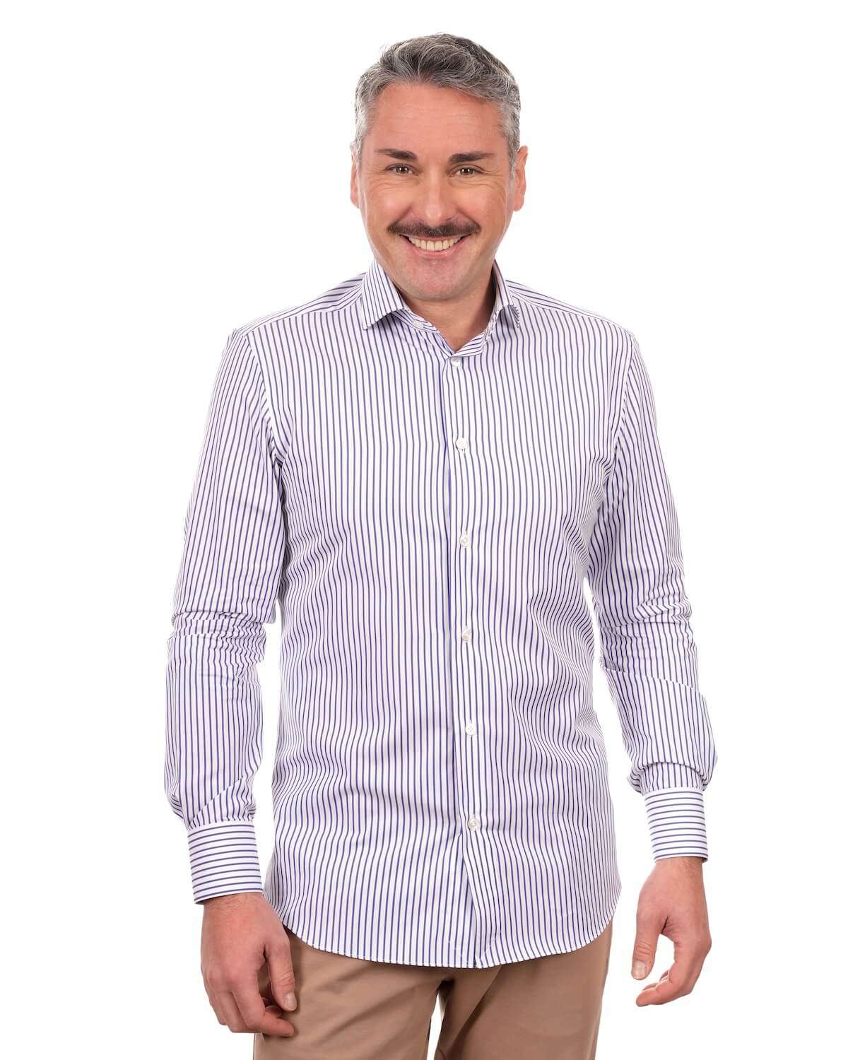 Camicia Uomo a Righe Blu in Popeline 100% Cotone Ritorto 120/2 – Collo Francese