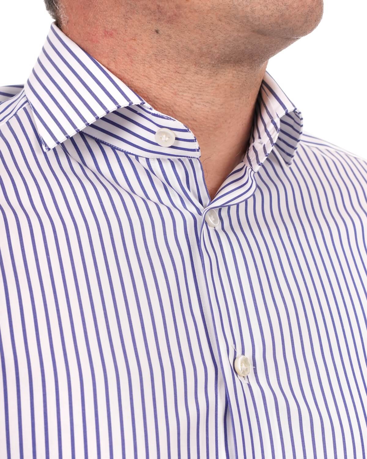 Camicia Uomo a Righe Blu in Popeline 100% Cotone Ritorto 120/2 – Collo Francese