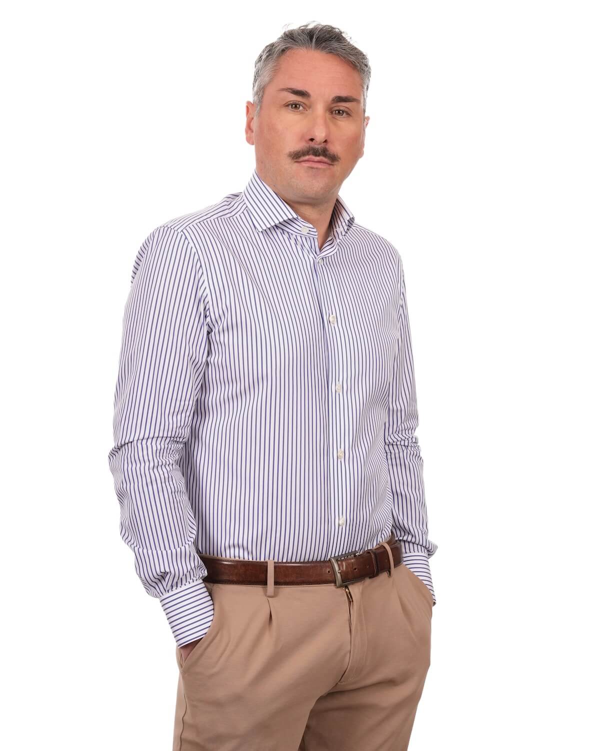 Camicia Uomo a Righe Blu in Popeline 100% Cotone Ritorto 120/2 – Collo Francese