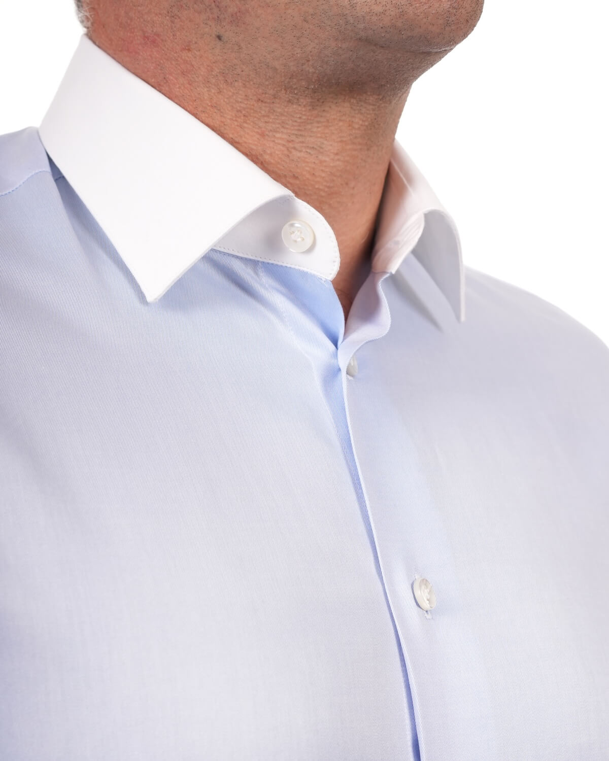 Camicia Uomo Celeste con Collo e Polsi Bianchi in Twill 100% Cotone – Collo Italiano
