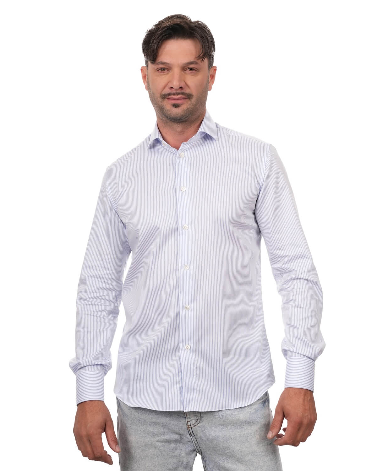 Camicia Uomo Rigata Celeste in Twill 100% Cotone – Collo Francese