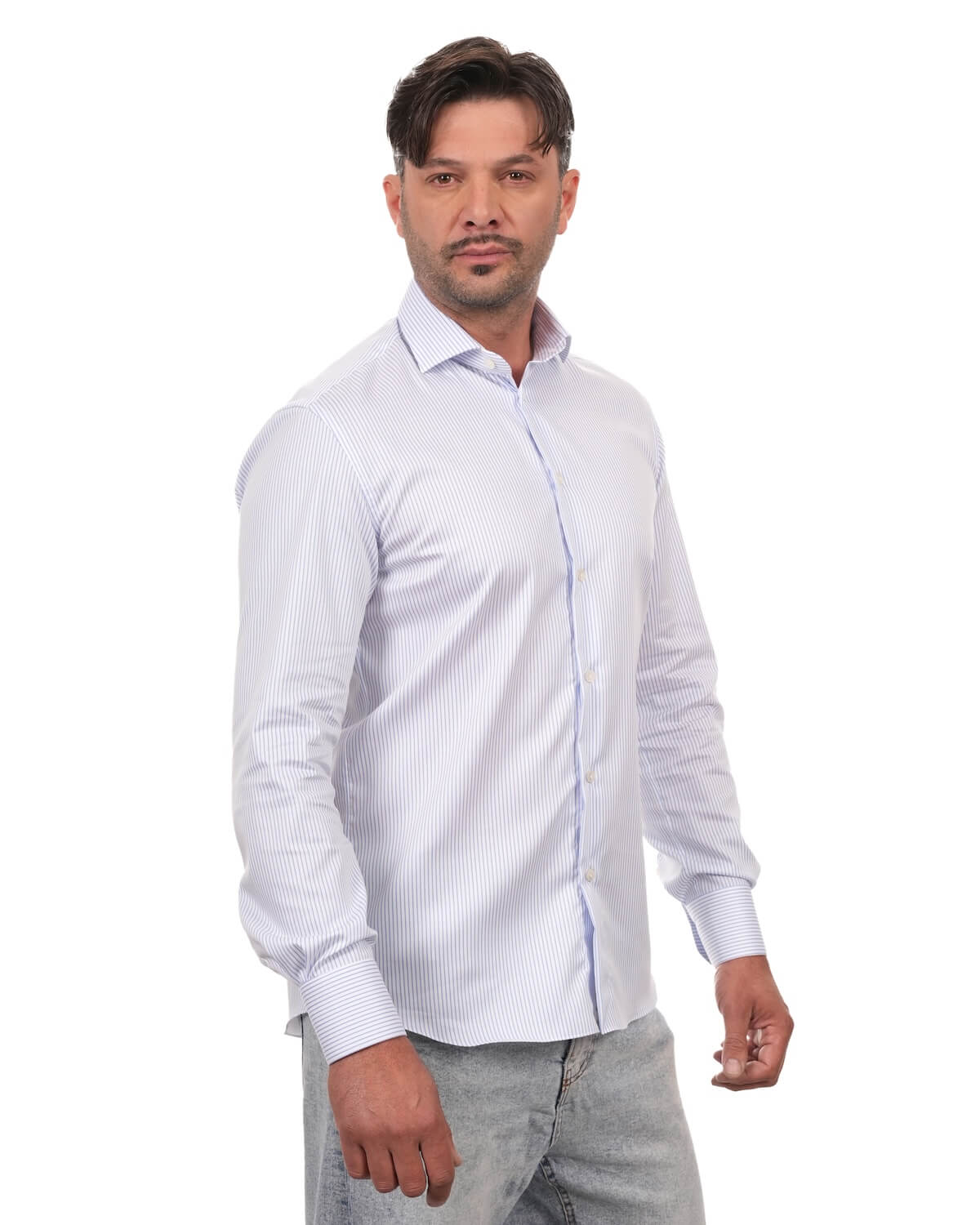 Camicia Uomo Rigata Celeste in Twill 100% Cotone – Collo Francese