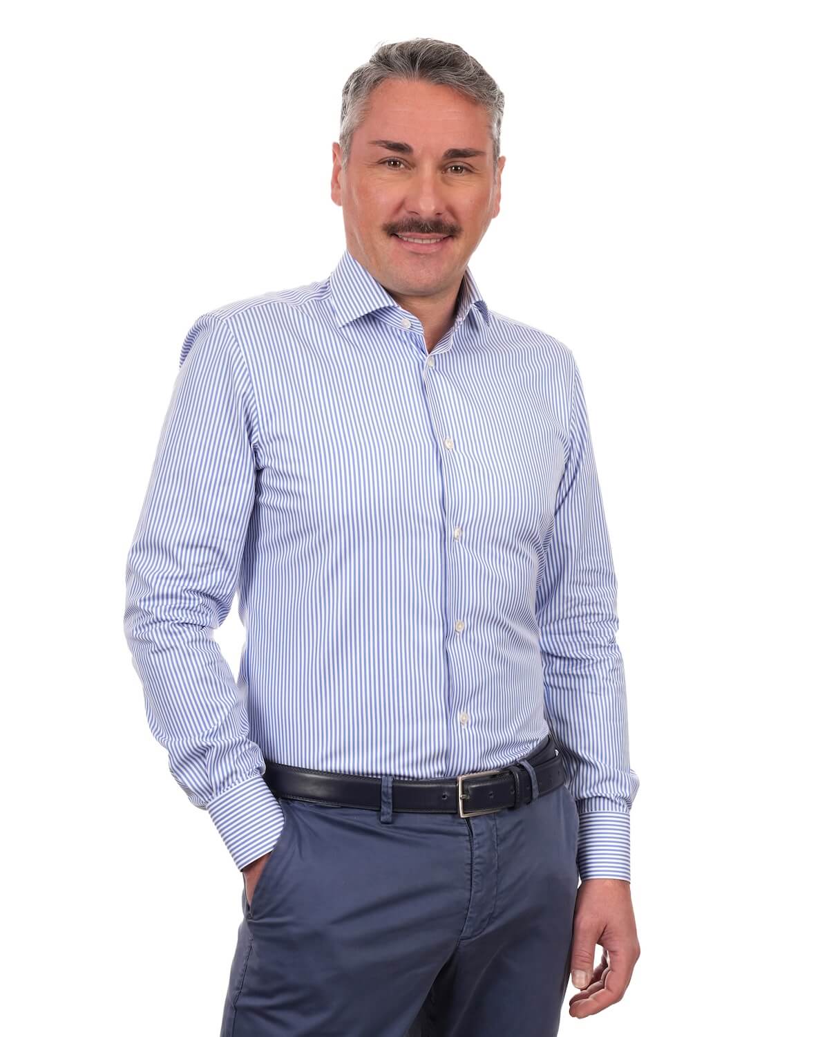 Camicia Uomo a Righe Azzurre in Popeline 100% Cotone Ritorto – Collo Francese