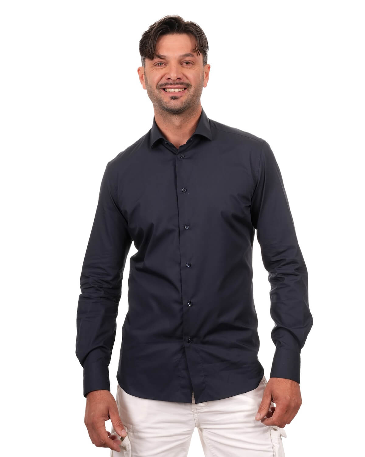 Camicia Uomo Blu Navy in Popeline, 100% Cotone Ritorto – Collo Francese Moderno