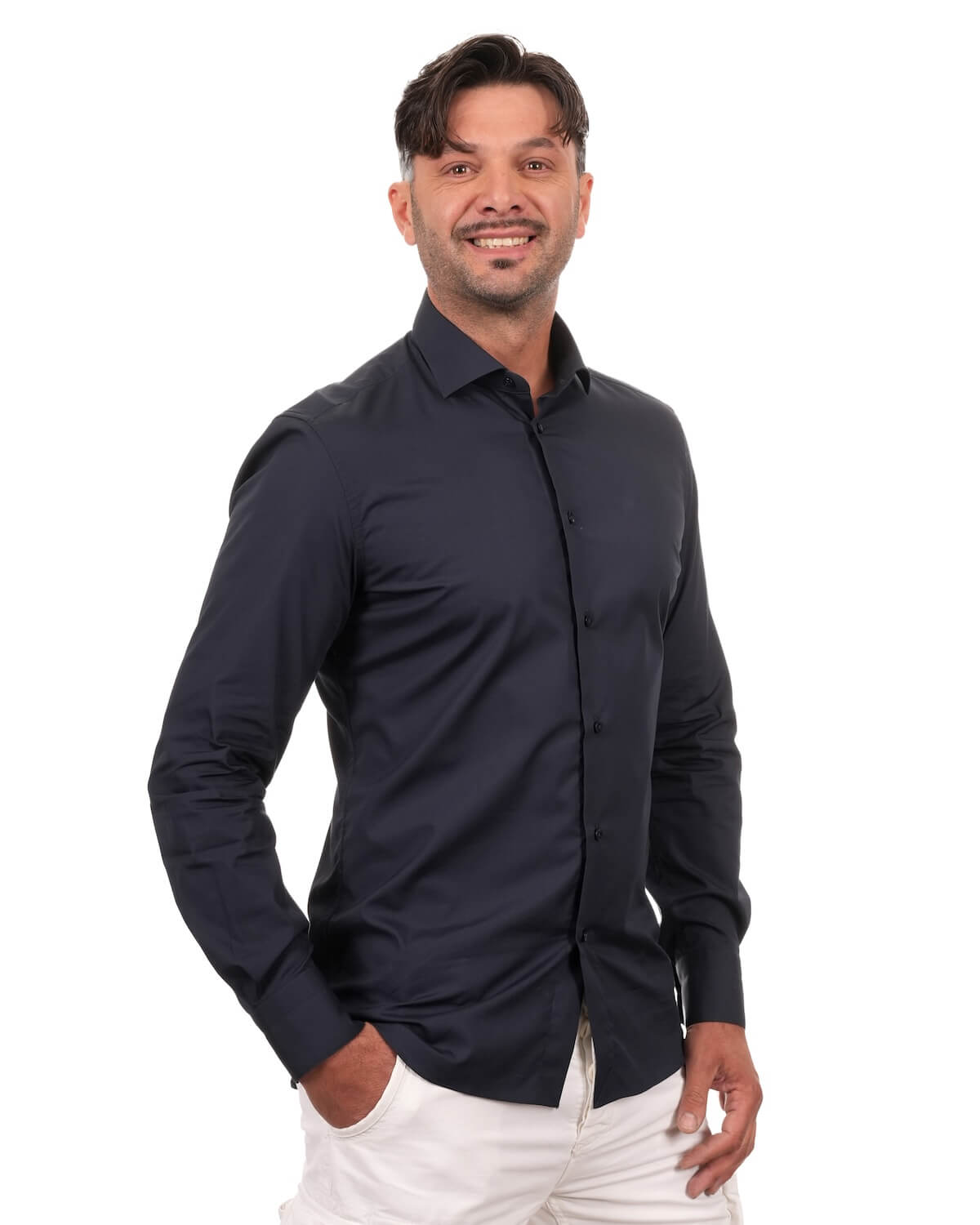 Camicia Uomo Blu Navy in Popeline, 100% Cotone Ritorto – Collo Francese Moderno