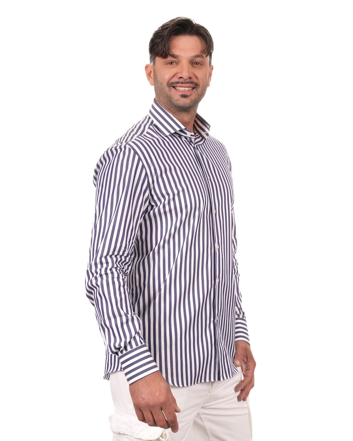 Camicia Uomo a Righe Blu Navy in Popeline 100% Cotone Ritorto 120/2 – Collo Francese