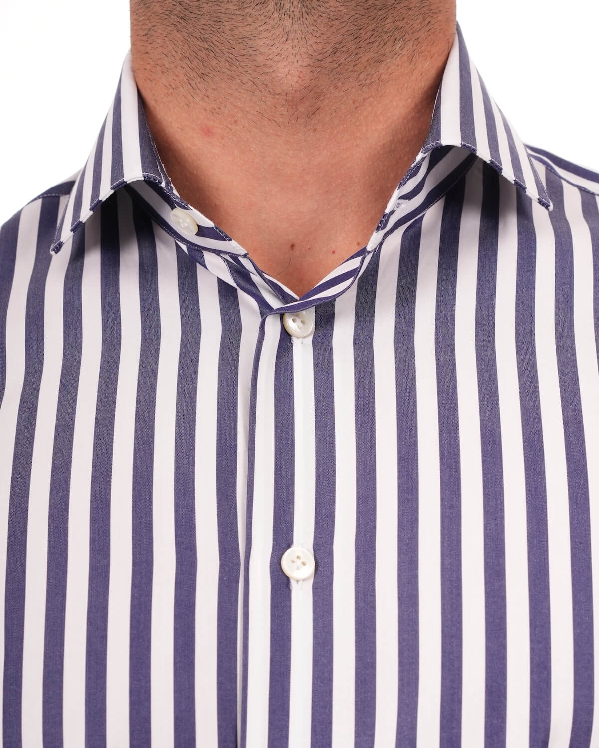 Camicia Uomo a Righe Blu Navy in Popeline 100% Cotone Ritorto 120/2 – Collo Francese