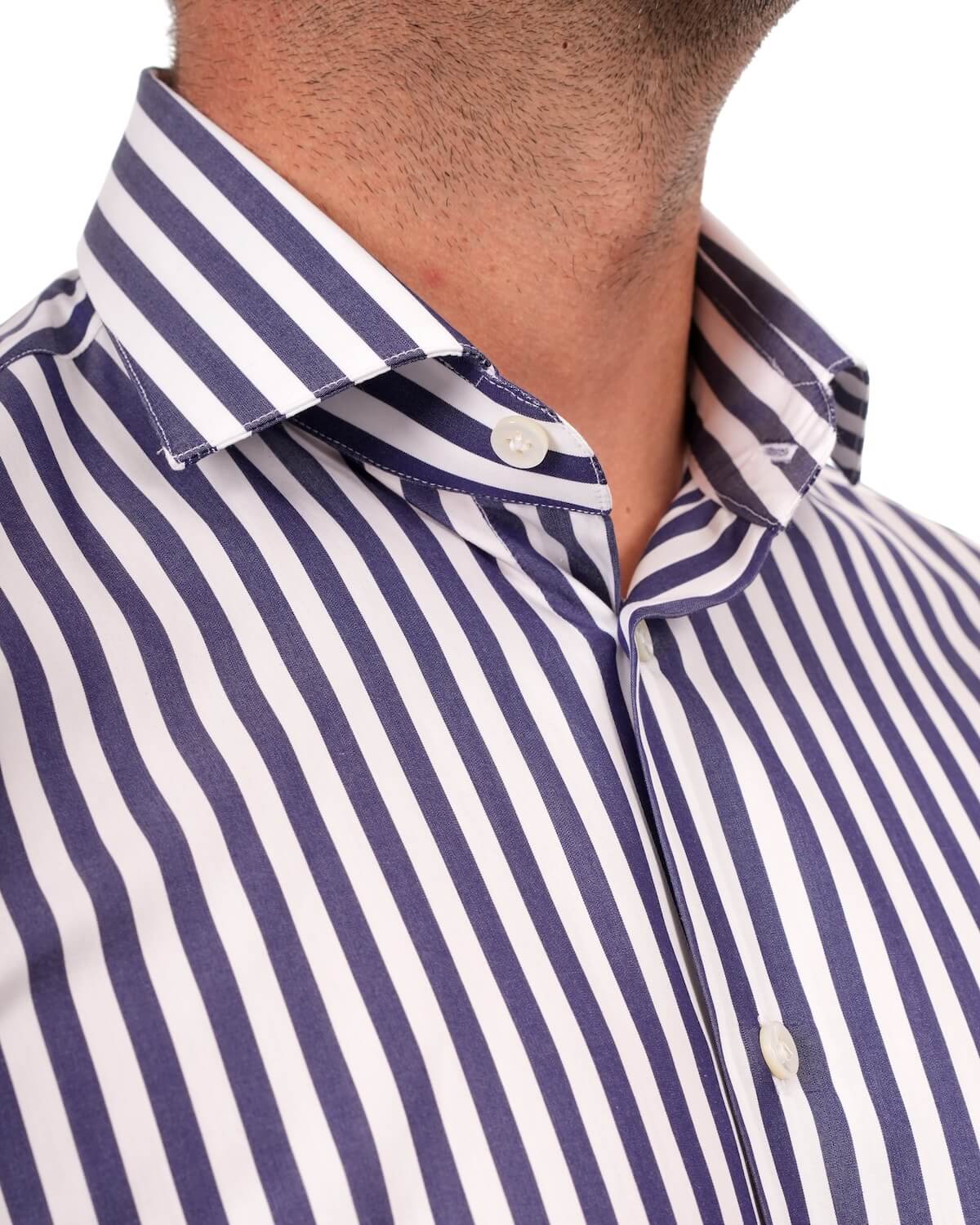 Camicia Uomo a Righe Blu Navy in Popeline 100% Cotone Ritorto 120/2 – Collo Francese