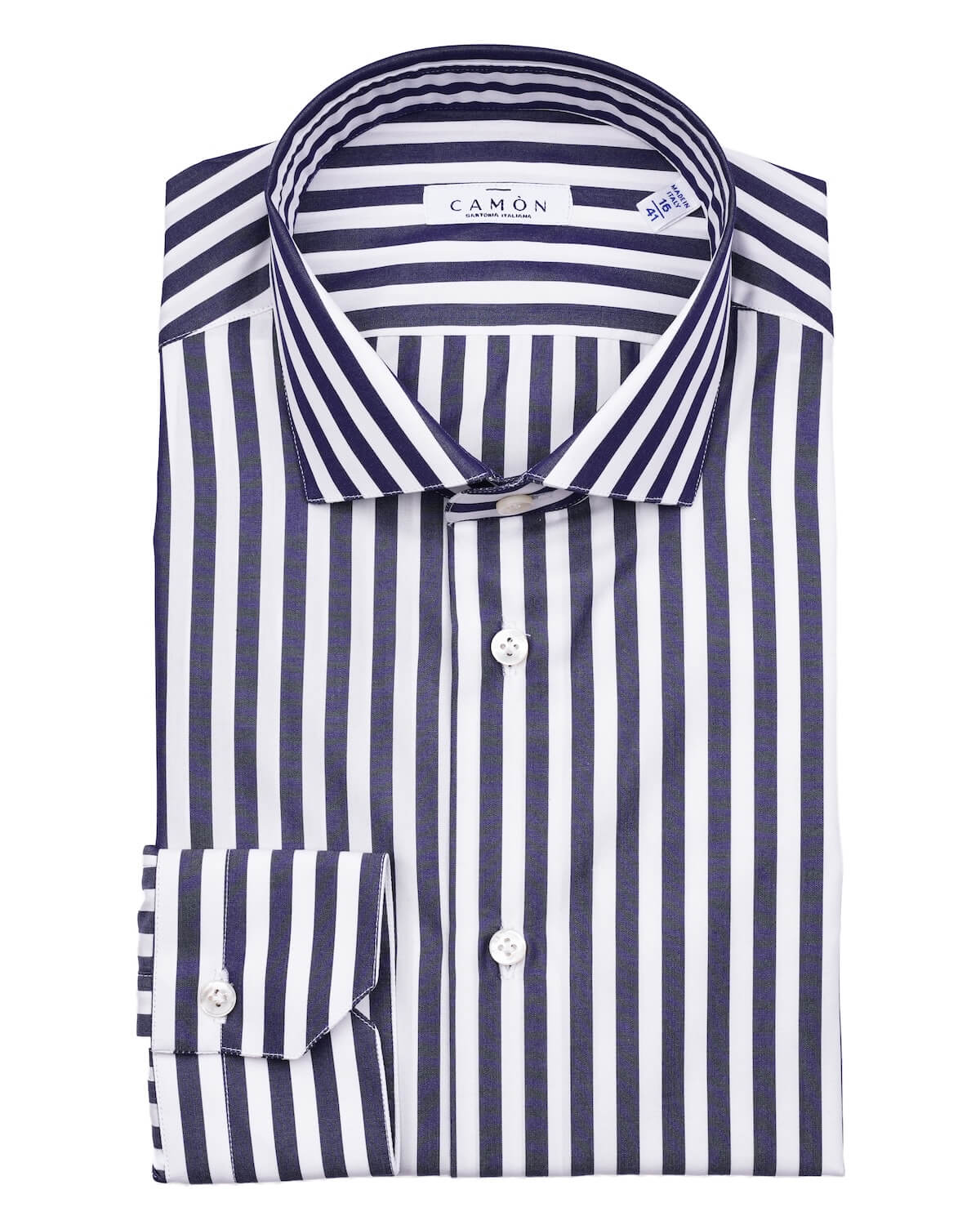 Camicia Uomo a Righe Blu Navy in Popeline 100% Cotone Ritorto 120/2 – Collo Francese