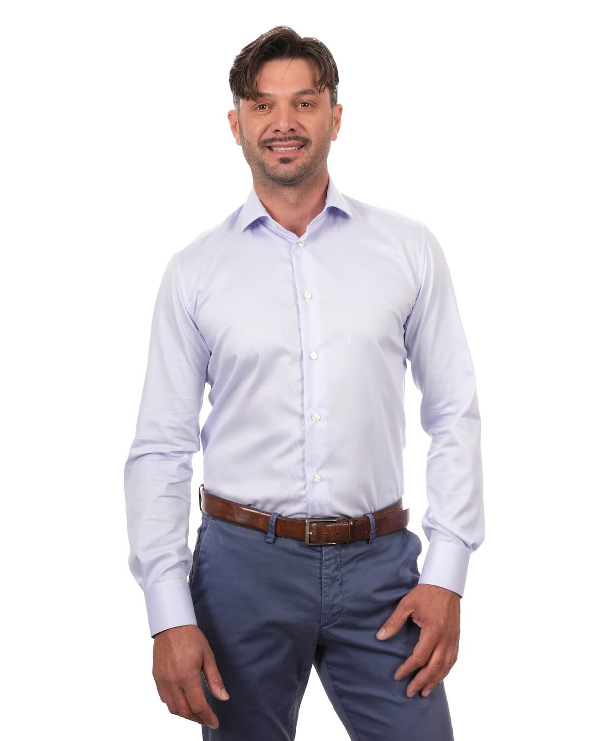 Camicia Uomo a Righe Celeste in Twill 100% Cotone – Collo Francese
