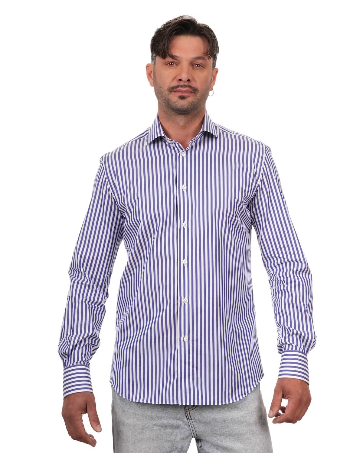 Camicia Uomo a Righe Blu in Popeline 100% Cotone Ritorto 120/2 – Collo Francese