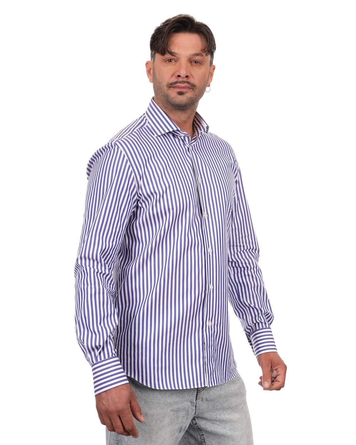 Camicia Uomo a Righe Blu in Popeline 100% Cotone Ritorto 120/2 – Collo Francese