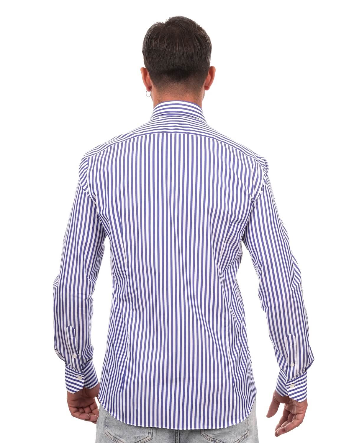 Camicia Uomo a Righe Blu in Popeline 100% Cotone Ritorto 120/2 – Collo Francese