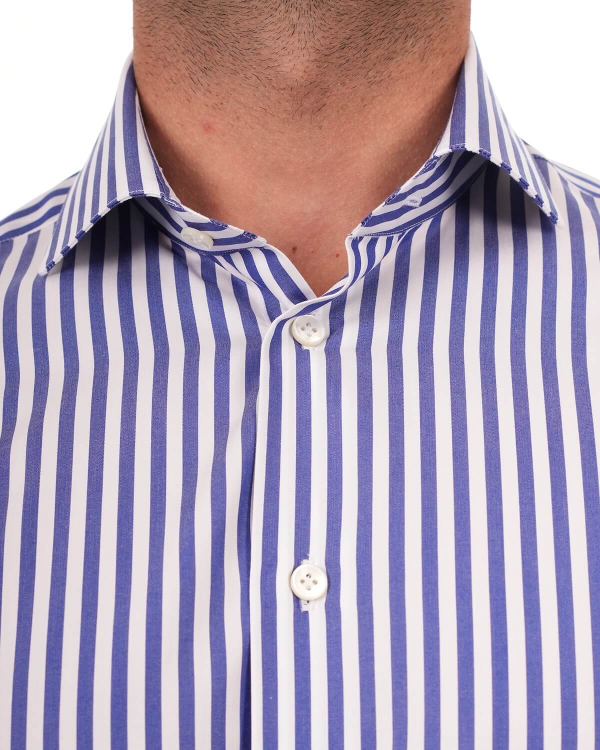 Camicia Uomo a Righe Blu in Popeline 100% Cotone Ritorto 120/2 – Collo Francese