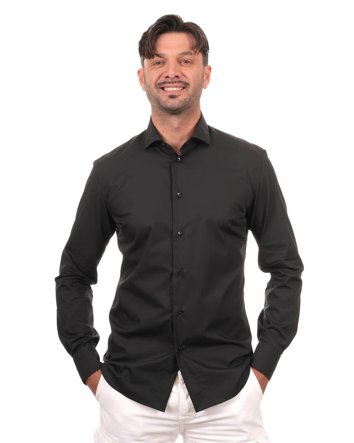 Camicia Uomo Nero in Popeline 100% Cotone – Collo Francese Moderno