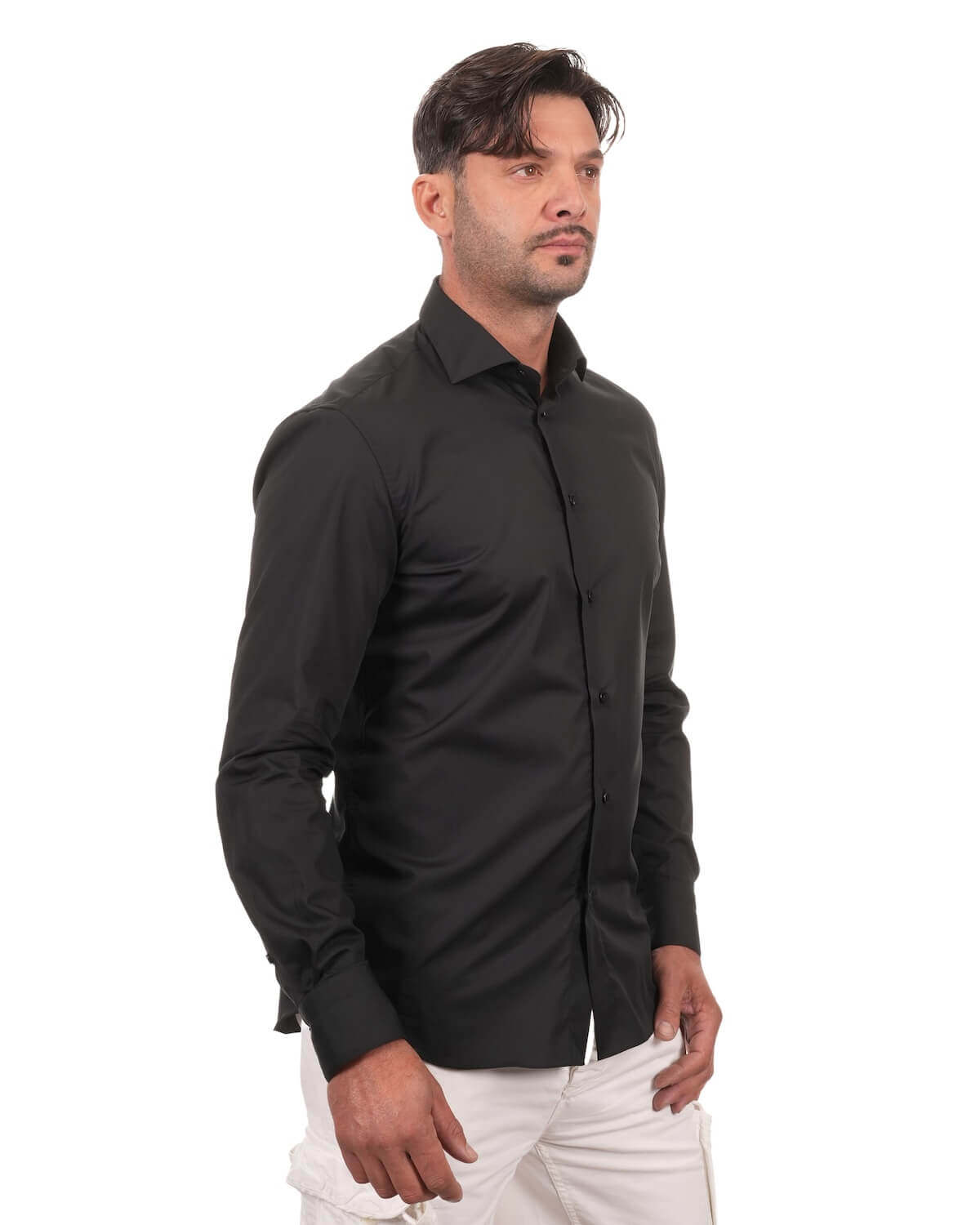 Camicia Uomo Nero in Popeline 100% Cotone – Collo Francese Moderno