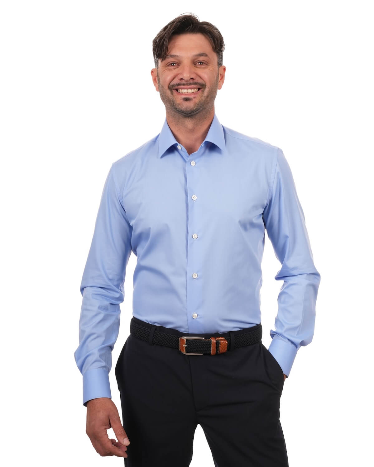 Camicia Uomo Celeste in Popeline, 100% Cotone Ritorto – Collo Italiano